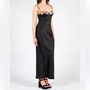 ONE AND ONLY‎ COL. black satin floral bust slip maxi fairy coquette ethereal Med